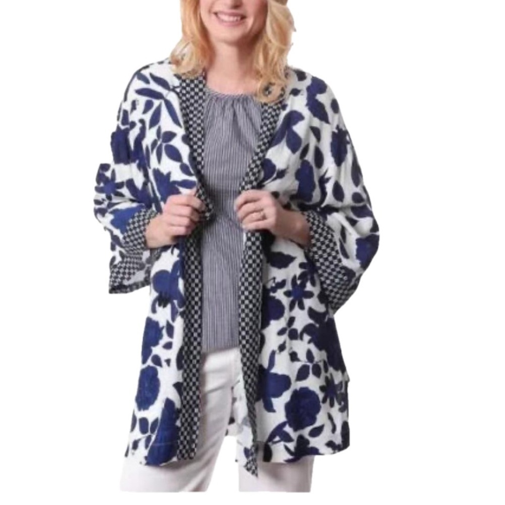 CAbi Blue and White Floral Open-Front Kimono Jacket